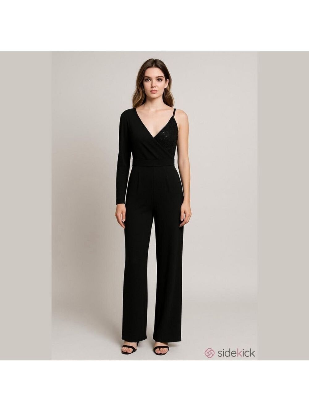 Lulus Elegant Black One-Shoulder Jumpsuit with sequins.